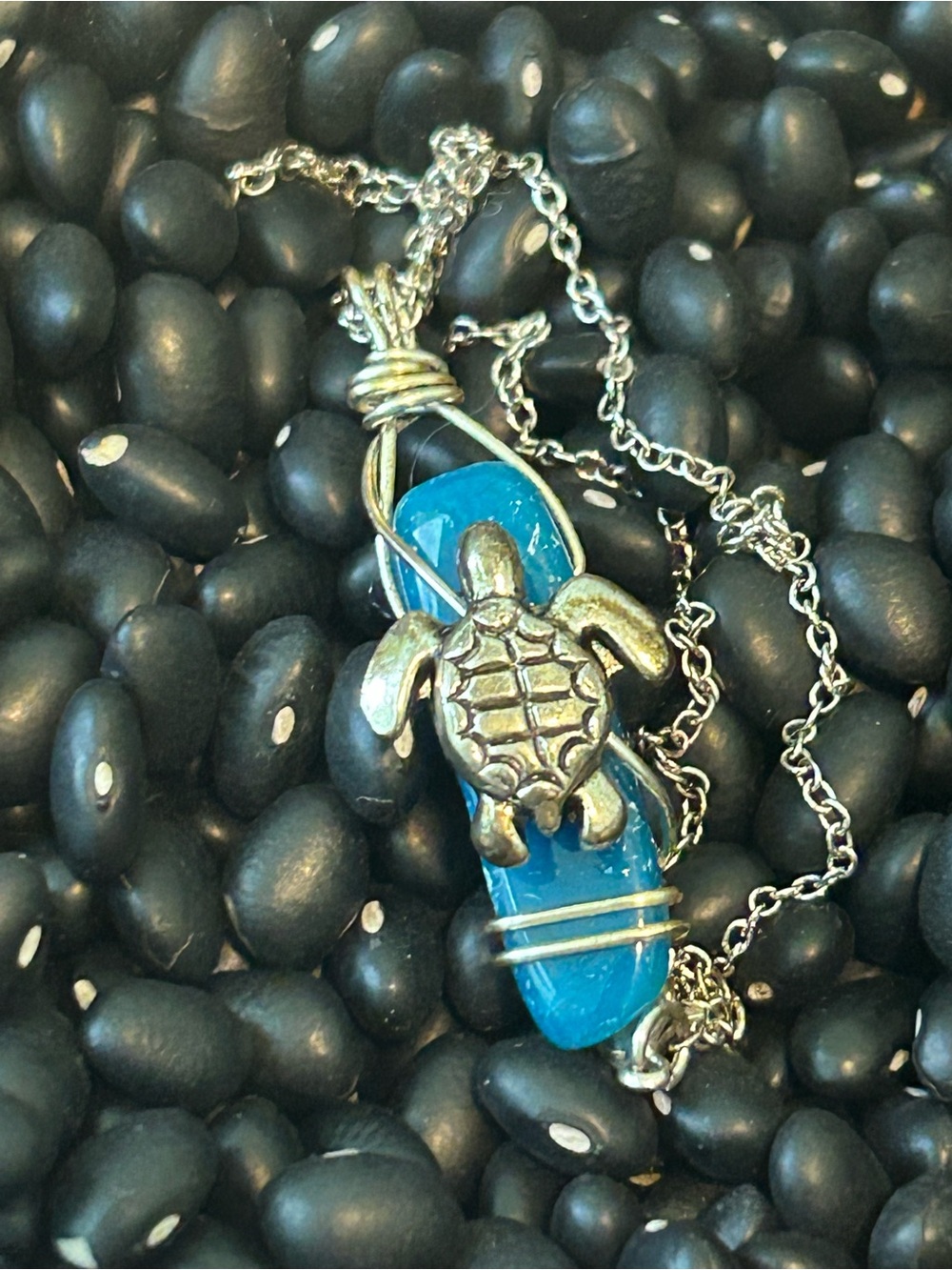 Wire Wrapped Silver Turtle Pendant Necklace with Blue Agate Stone - Handmade